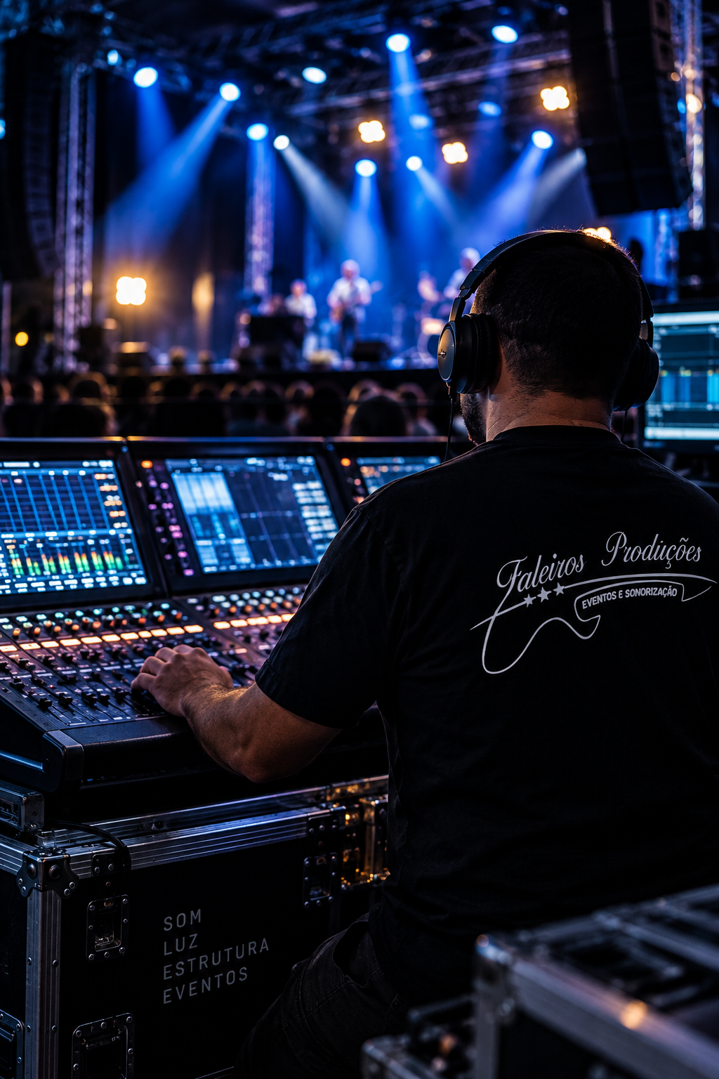 Técnico operando mesa de som durante show