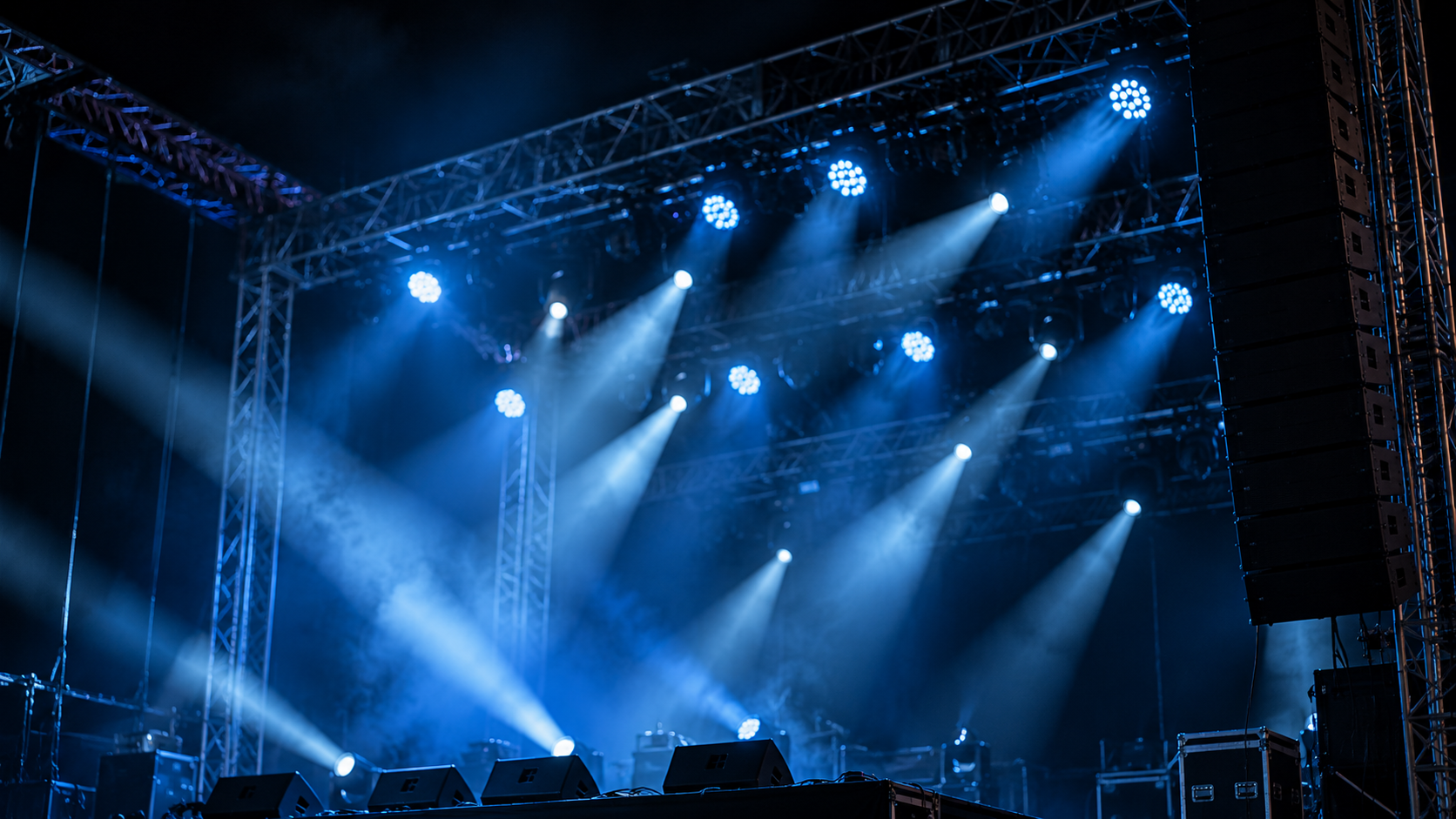 Palco de evento com iluminação e caixas de som