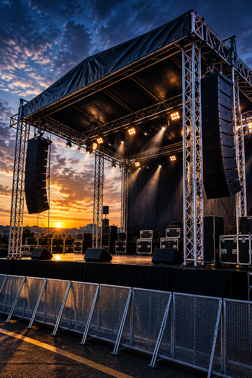 Palco montado ao ar livre no fim da tarde